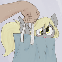 Size: 1700x1700 | Tagged: safe, artist:t72b, derpibooru exclusive, derpy hooves, human, pegasus, pony, g4, :p, bag, behaving like a cat, cute, cuteness overload, derpabetes, disembodied hand, female, hand, holding a pony, if i fits i sits, it's dangerous to go alone, looking at you, mare, mlem, pony in a bag, silly, solo focus, t72b is trying to murder us, tongue out, weapons-grade cute