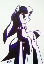 Size: 740x1080 | Tagged: safe, artist:rsd500, octavia melody, earth pony, pony, g4, female, gel pen, looking back, mane, simple background, solo, stylized, traditional art, wind