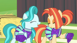 Size: 1920x1080 | Tagged: safe, screencap, lighthoof, shimmy shake, pony, 2 4 6 greaaat, g4, cheerleader outfit, clothes, hay bale