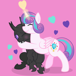 Size: 2000x2000 | Tagged: safe, artist:squipycheetah, princess flurry heart, oc, oc:tagma, alicorn, changeling, pony, blushing, canon x oc, changeling oc, colored wings, crystal heart, cute, cuteling, cutie mark, eyes closed, fangs, female, filly, flurrybetes, folded wings, freckles, happy, heart, hug, lesbian, magic, magic aura, older, older flurry heart, one eye closed, pink background, purple changeling, purple eyes, raised hoof, shipping, simple background, sitting, smiling, tagmaheart, wings