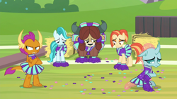 Size: 1920x1080 | Tagged: safe, screencap, lighthoof, ocellus, shimmy shake, smolder, yona, changedling, changeling, dragon, earth pony, pony, yak, 2 4 6 greaaat, g4, angry, buckball field, cheerleader, cheerleader ocellus, cheerleader outfit, cheerleader smolder, cheerleader yona, claws, clothes, confetti, crossed arms, curved horn, dragoness, embarrassed, failure, female, hay bale, horn, horns, looking down, looking sideways, monkey swings, pleated skirt, pom pom, sad, sitting, skirt, smolder is not amused, teenaged dragon, teenager, unamused
