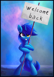 Size: 2696x3832 | Tagged: safe, artist:atlas-66, oc, oc only, oc:windows 8, pony, unicorn, bipedal, female, grin, heterochromia, high res, mare, nameplate, sign, smiling, solo, table