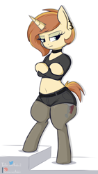 Size: 2160x3840 | Tagged: safe, artist:andelai, oc, oc only, oc:celice, unicorn, semi-anthro, arm hooves, belly button, bipedal, clothes, crossed arms, crossed hooves, female, frown, high res, mare, midriff, pantyhose, patreon, patreon logo, piercing, short tail, shorts, solo, thick, wide hips