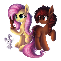 Size: 2000x2000 | Tagged: safe, artist:atlas-66, angel bunny, fluttershy, oc, oc:valrhona, earth pony, pegasus, pony, rabbit, g4, angel bunny is not amused, animal, chocolate, chocolate bunny, cute, female, food, high res, mare, shyabetes, simple background, transparent background
