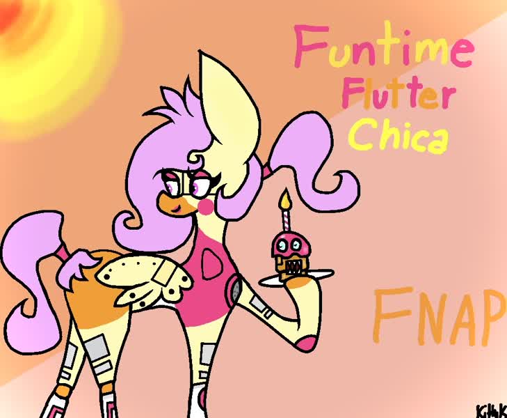 2252928 - safe, artist:kittycatrittycat, fluttershy, pegasus, pony, robot,  bad anatomy, cupcake, female, five nights at freddy's, flutterchica, fnap,  food, funtime chica, funtime flutter chica, impossibly large ears,  lipstick, plate, ponified, pony