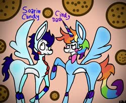 Size: 1011x828 | Tagged: safe, artist:kittycatrittycat, rainbow dash, soarin', alicorn, cat, cat pony, original species, pegasus, pony, robot, robot pony, g4, alicornified, bowtie, cindy and candy, cookie, female, five nights at candy's, food, happy, impossibly large ears, irritated, male, multicolored eyes, necktie, race swap, rainbowcorn, ship:soarindash, shipping, shipping?, species swap, straight