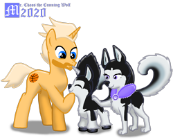 Size: 2228x1800 | Tagged: safe, artist:mrchaosthecunningwlf, artist:ponyvillechaos577, oc, oc only, oc:frost cloud, oc:memphis frost, oc:sheila cloud, alicorn, dog, husky, hybrid, pony, unicorn, alicorn oc, family, father, female, foal, horn, interspecies, interspecies offspring, male, mother, offspring, parents:oc x oc, puppy, stallion