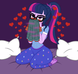 Size: 1900x1800 | Tagged: dead source, safe, artist:mashoart, sci-twi, twilight sparkle, equestria girls, g4, bed, blushing, clothes, female, fetish, glasses, heart, kneeling, olfactophilia, pajamas, pillow, sniffing, socks, solo, wide hips