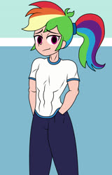 Size: 1150x1800 | Tagged: safe, artist:mashoart, rainbow dash, human, equestria girls, g4, abs, alternate hairstyle, athlete, athletic, belly button, breasts, clothes, delicious flat chest, female, human coloration, looking at you, muscles, muscular female, no catchlights, ponytail, rainbow flat, rainbuff dash, small breasts, smiling, solo, toned, toned female, workout outfit