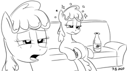 Size: 1200x675 | Tagged: safe, artist:pony-berserker, berry punch, berryshine, earth pony, pony, pony-berserker's twitter sketches, g4, black and white, bottle, couch, drunk, drunk bubbles, female, grayscale, i can't believe it's not idw, implied drinking, mare, monochrome, signature, simple background, sitting, sketch, white background