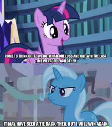 Size: 1280x1440 | Tagged: safe, edit, edited screencap, screencap, trixie, twilight sparkle, alicorn, pony, unicorn, every little thing she does, g4, road to friendship, caption, female, image macro, meme, text, twilight sparkle (alicorn)