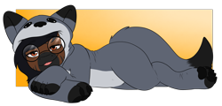Size: 4085x1965 | Tagged: safe, artist:mamachubs, oc, oc only, oc:inkwelt, wolf, zebra, :p, clothes, costume, cute, fursona, glasses, kigurumi, looking at you, onesie, solo, tongue out, zebra oc