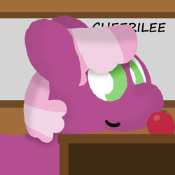 Size: 1000x1000 | Tagged: safe, artist:artdbait, cheerilee, earth pony, pony, g4, apple, desk, female, food, simple background, simple shading, smiling, solo, teacher, whiteboard, writing