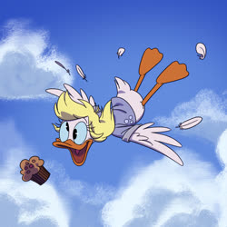 Size: 777x777 | Tagged: safe, artist:gantzaistar, derpy hooves, bird, duck, g4, cute, derpabetes, derpy hooves can fly, disney, duckified, ducktales, female, flying, food, muffin, solo, species swap