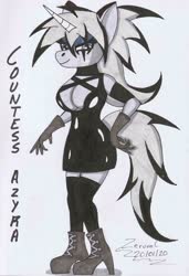 Size: 2262x3300 | Tagged: safe, artist:zeruvel, oc, oc only, unicorn, anthro, boots, breasts, cleavage, clothes, collar, eyeliner, eyeshadow, female, gloves, goth, high res, looking at you, makeup, marker drawing, minidress, monochrome, scan, shoes, short dress, solo, stockings, thigh highs, traditional art