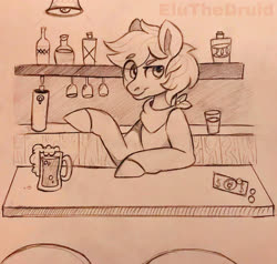 Size: 2699x2573 | Tagged: safe, artist:eludraws, oc, oc:brewer, oc:noble brew, pony, alcohol, bar, clothes, high res, money, monochrome, scarf, stool, traditional art