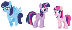 Size: 2000x833 | Tagged: safe, artist:janethepegasus, twilight sparkle, oc, oc:cobalt strike, oc:star twinkle, alicorn, pegasus, pony, unicorn, g4, fusion, reverse fusion, twilight sparkle (alicorn)