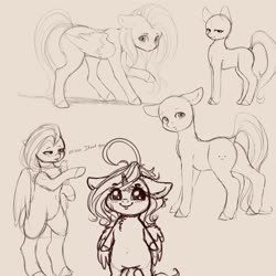 Size: 4000x4000 | Tagged: safe, artist:miokomata, fluttershy, oc, oc:dazzling talents, alicorn, pegasus, pony, semi-anthro, g4, ahoge, alicorn oc, arm hooves, bald, blushing, butt, chest fluff, dialogue, dock, female, floppy ears, freckles, freckleshy, horn, looking at you, looking back, looking back at you, mare, pink background, plot, simple background