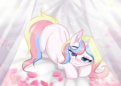 Size: 3465x2454 | Tagged: safe, alternate character, alternate version, artist:kim0508, artist:sparkling_light base, oc, oc only, oc:cherry heartstealer, pony, unicorn, blushing, curtains, cute, female, high res, looking at you, lying on bed, mare, prone, smiling, smiling at you, solo, ych result