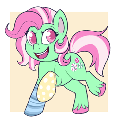 Size: 746x778 | Tagged: safe, artist:lulubell, minty, earth pony, pony, g4.5, my little pony: pony life, clothes, cute, female, g3 to g4.5, happy, hilarious in hindsight, mare, mintabetes, open mouth, open smile, smiling, socks, solo, that pony sure does love socks, unshorn fetlocks