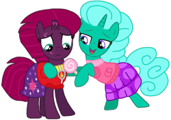 Size: 1377x969 | Tagged: safe, artist:徐詩珮, fizzlepop berrytwist, glitter drops, tempest shadow, pony, unicorn, series:sprglitemplight diary, series:sprglitemplight life jacket days, series:springshadowdrops diary, series:springshadowdrops life jacket days, g4, alternate universe, base used, broken horn, candy, clothes, cute, female, food, glitterbetes, horn, lesbian, paw patrol, ship:glittershadow, shipping, simple background, swimsuit, tempestbetes, transparent background