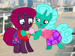 Size: 1440x1080 | Tagged: safe, artist:徐詩珮, fizzlepop berrytwist, glitter drops, tempest shadow, pony, unicorn, series:sprglitemplight diary, series:sprglitemplight life jacket days, series:springshadowdrops diary, series:springshadowdrops life jacket days, g4, alternate universe, base used, broken horn, candy, clothes, cute, female, food, glitterbetes, horn, lesbian, paw patrol, ship:glittershadow, shipping, swimsuit, tempestbetes