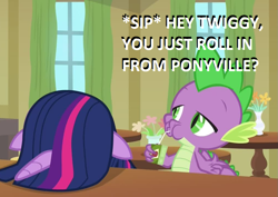 Size: 1013x719 | Tagged: safe, edit, edited screencap, screencap, spike, twilight sparkle, alicorn, dragon, pony, g4, the point of no return, big pink loser, cropped, dexterous hooves, dialogue, duo, facedesk, juice, juice box, musical instrument, parody, spongebob squarepants, trumpet, twilight sparkle (alicorn), winged spike, wings