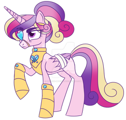 Size: 1280x1226 | Tagged: dead source, safe, artist:unicorn-mutual, princess cadance, pony, g4, armor, bandage, deviantart watermark, eyepatch, female, obtrusive watermark, simple background, solo, transparent background, watermark