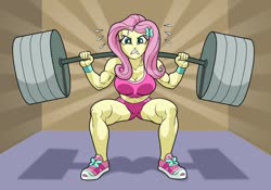 Size: 1280x896 | Tagged: safe, artist:art-2u, fluttershy, equestria girls, g4, barbell, belly button, biceps, bodybuilder, breasts, busty fluttershy, cleavage, clothes, deltoids, female, gritted teeth, gym clothes, legs, looking at you, midriff, muscles, muscleshy, shoes, sneakers, solo, sports bra, sports panties, sports shorts, squatting, sweat, thighs, weight lifting, weights