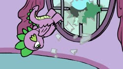 Size: 1815x1020 | Tagged: safe, artist:ljdamz1119, spike, dragon, g4, broken glass, broken window, carousel boutique, curtains, glass, i'm a brick, jumping, male, meme, ponified meme, solo, the simpsons, window, winged spike, wings