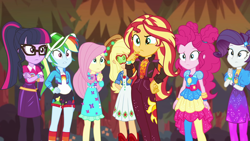 Size: 1920x1080 | Tagged: safe, screencap, applejack, fluttershy, pinkie pie, rainbow dash, rarity, sci-twi, sunset shimmer, twilight sparkle, equestria girls, equestria girls series, g4, my little pony equestria girls: sunset's backstage pass, spoiler:eqg series (season 2), female, geode of empathy, geode of shielding, geode of sugar bombs, humane five, humane seven, humane six, magical geodes, music festival outfit