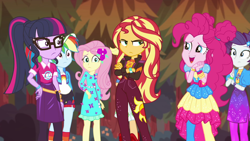 Size: 1920x1080 | Tagged: safe, screencap, applejack, fluttershy, pinkie pie, rainbow dash, rarity, sci-twi, sunset shimmer, twilight sparkle, equestria girls, equestria girls specials, g4, my little pony equestria girls: better together, my little pony equestria girls: sunset's backstage pass, female, humane five, humane seven, humane six, music festival outfit