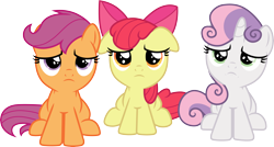 Size: 5604x3000 | Tagged: safe, artist:cloudy glow, apple bloom, scootaloo, sweetie belle, earth pony, pegasus, pony, unicorn, g4, on your marks, .ai available, cutie mark crusaders, female, filly, floppy ears, simple background, transparent background, trio, vector