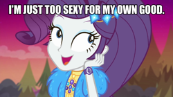 Size: 600x337 | Tagged: safe, edit, edited screencap, screencap, rarity, equestria girls, equestria girls series, g4, sunset's backstage pass!, spoiler:eqg series (season 2), caption, female, geode of shielding, image macro, magical geodes, meme, music festival outfit, solo, text