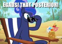 Size: 1525x1077 | Tagged: safe, edit, edited screencap, screencap, princess luna, between dark and dawn, g4, alternate hairstyle, caption, cropped, dat ass, discovery family logo, drink, food, image macro, meme, on the moon for too long, pineapple, sunglasses, text, ye olde english
