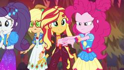 Size: 1920x1080 | Tagged: safe, screencap, applejack, pinkie pie, rarity, sunset shimmer, equestria girls, equestria girls series, g4, sunset's backstage pass!, spoiler:eqg series (season 2), female, music festival outfit