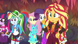 Size: 1920x1080 | Tagged: safe, screencap, applejack, fluttershy, rainbow dash, rarity, sci-twi, sunset shimmer, twilight sparkle, equestria girls, equestria girls series, sunset's backstage pass!, spoiler:eqg series (season 2), female, geode of empathy, geode of fauna, geode of super speed, geode of super strength, geode of telekinesis, magical geodes, music festival outfit