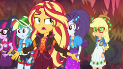 Size: 1920x1080 | Tagged: safe, screencap, applejack, rainbow dash, rarity, sci-twi, sunset shimmer, twilight sparkle, equestria girls, equestria girls series, g4, sunset's backstage pass!, spoiler:eqg series (season 2), female, music festival outfit