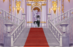 Size: 3891x2524 | Tagged: safe, artist:setharu, twilight sparkle, oc, alicorn, earth pony, pony, g4, baroque, clothes, commission, dress, female, frock coat, hermitage, high res, interior, male, mare, palace, scenery, scenery porn, solo, stairs, statue, twilight sparkle (alicorn), vase, wallpaper