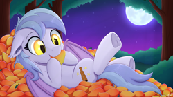 Size: 3840x2160 | Tagged: safe, artist:arcane-thunder, oc, oc only, bat pony, pony, bat pony oc, bat wings, cheek fluff, ear fluff, eating, fangs, female, food, herbivore, high res, lying down, mango, mare, moon, night, on back, pile, solo, tree, wings