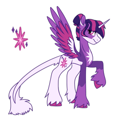 Size: 1568x1471 | Tagged: safe, artist:koloredkat, twilight sparkle, alicorn, pony, g4, cutie mark, female, leonine tail, mare, raised hoof, redesign, simple background, solo, transparent background, twilight sparkle (alicorn), unshorn fetlocks