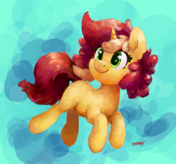 Size: 2830x2643 | Tagged: safe, artist:aemuhn, oc, oc only, oc:pastel drop, pony, unicorn, abstract background, female, gift art, high res, mare, signature, smiling, solo