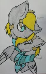 Size: 188x301 | Tagged: safe, artist:crazysketch101, oc, oc only, oc:snuggie, oc:snuggle, pegasus, pony, clothes, duo, female, male, mare, scarf, sketch, stallion, tongue out, traditional art, twins