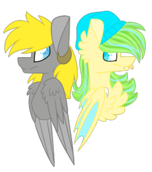 Size: 266x301 | Tagged: safe, artist:crazysketch101, oc, oc only, oc:electric pineapple, oc:snuggle, pegasus, pony, chest fluff, duo, hat, simple background, tongue out, transparent background