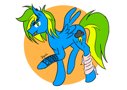 Size: 4961x3508 | Tagged: safe, artist:shyinka, oc, oc only, oc:ocean wave, pegasus, pony, bandage, colored, ear piercing, eyebrow piercing, flat colors, foot wraps, green hair, leg wraps, lip piercing, piercing, solo, tattoo, tongue piercing
