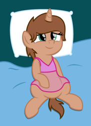 Size: 1836x2523 | Tagged: safe, artist:peternators, oc, oc only, oc:heroic armour, pony, alternate hairstyle, bed, blanket, clothes, colt, crossdressing, eyelashes, fake eyelashes, featureless crotch, femboy, foal, male, nightgown, pillow, smiling, solo, teenager