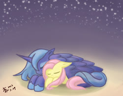 Size: 1366x1064 | Tagged: safe, artist:howxu, fluttershy, princess luna, alicorn, pony, g4, cuddling, cute, duo, eyes closed, female, floppy ears, howxu is trying to murder us, lesbian, night, ship:lunashy, shipping, sleeping, stars, wing blanket, wings