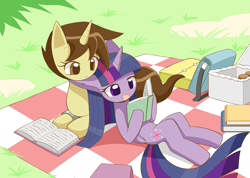 Size: 1125x800 | Tagged: safe, artist:howxu, twilight sparkle, oc, oc:masane, pony, unicorn, g4, book, book bag, duo, picnic, picnic blanket, reading