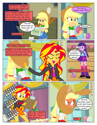 Size: 612x792 | Tagged: safe, artist:greatdinn, artist:newbiespud, edit, edited screencap, screencap, applejack, snails, spike, sunset shimmer, twilight sparkle, dog, comic:friendship is dragons, equestria girls, g4, my little pony equestria girls, alcohol, angry, animal, balloon, beer bottle, boots, buzzing, cider, clipboard, clothes, collaboration, comic, confused, cutie mark on clothes, dialogue, eyes closed, female, freckles, frown, gym, hat, male, onomatopoeia, open mouth, red face, screencap comic, shoes, skirt, spike the dog, unamused