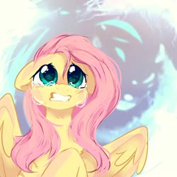 Size: 2000x2000 | Tagged: safe, artist:mirtash, fluttershy, pegasus, pony, g4, bust, crying, female, floppy ears, gritted teeth, high res, looking up, mare, sad, solo, spread wings, stray strand, teary eyes, wings